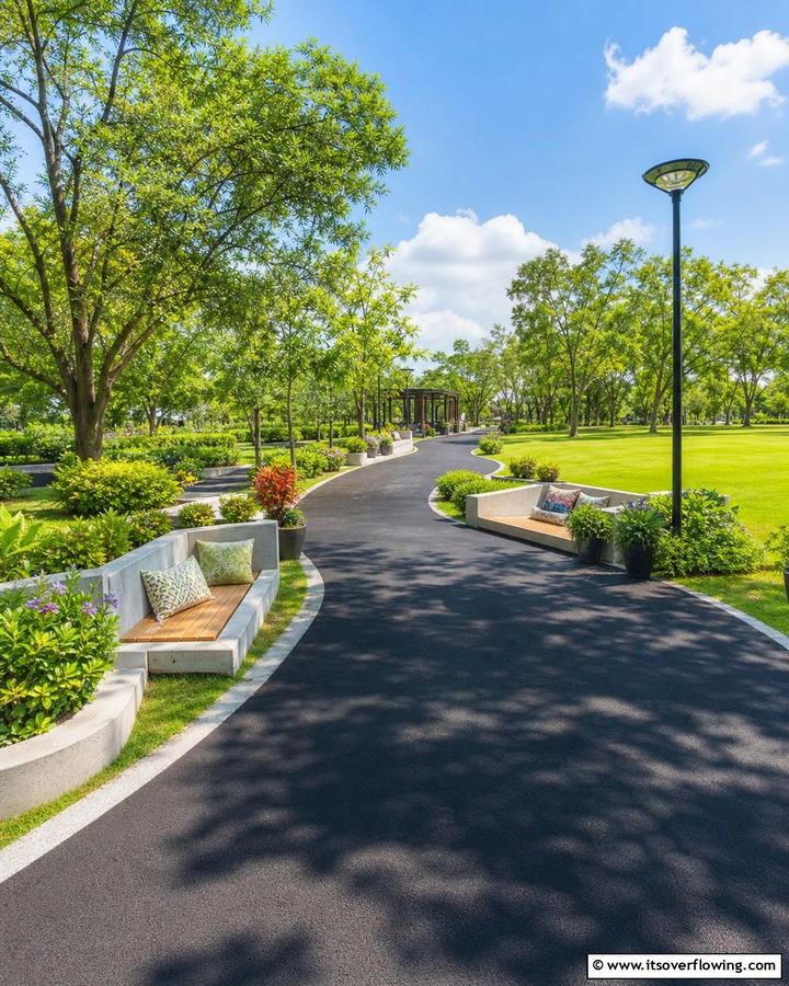 Asphalt Walkways with Integrated Seating Areas - 20 Asphalt Walkway Ideas for Durable Pathways