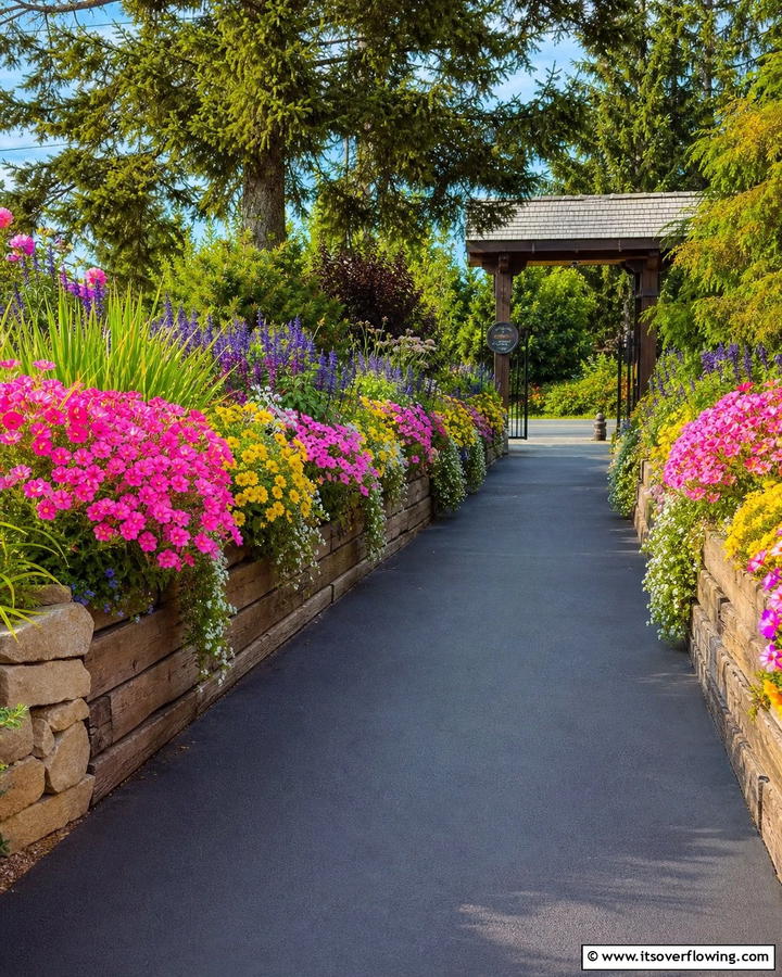 Asphalt Walkways with Raised Flower Beds - 20 Asphalt Walkway Ideas for Durable Pathways