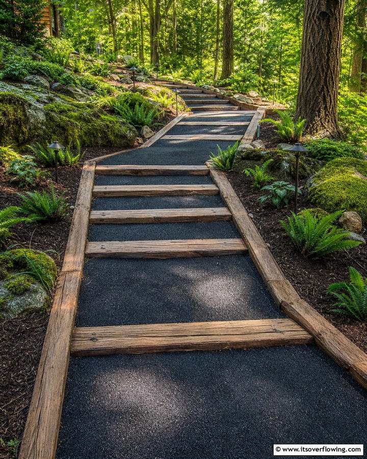 Asphalt Walkways with Wooden Accents - 20 Asphalt Walkway Ideas for Durable Pathways
