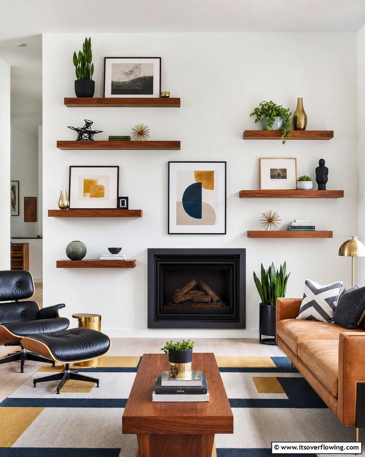 Asymmetrical Floating Shelf Arrangement - 20 Fireplace Floating Shelves Design Ideas for Cozy Homes
