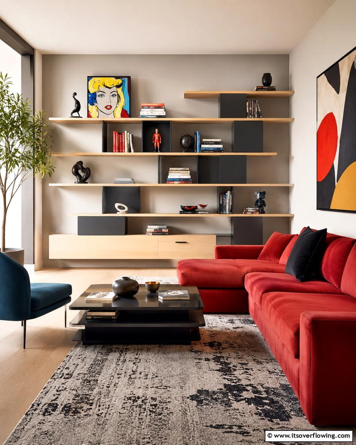 Asymmetrical Shelves for a Contemporary Twist - 25 Living Room Bookshelf Ideas for Stylish Storage