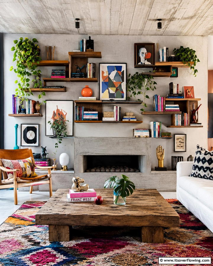Asymmetrical Shelves for a Modern Twist - 30 Fireplace with Bookshelves Ideas for Cozy Literary Nooks