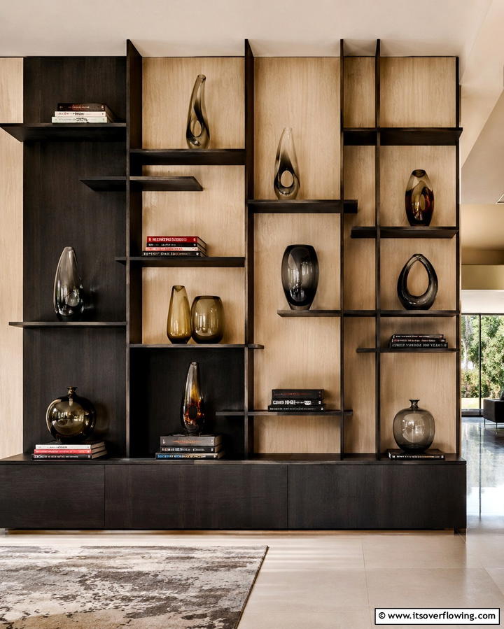 Asymmetrical Shelving for Visual Interest - 30 Living Room Shelf Ideas for Stylish Storage Solutions