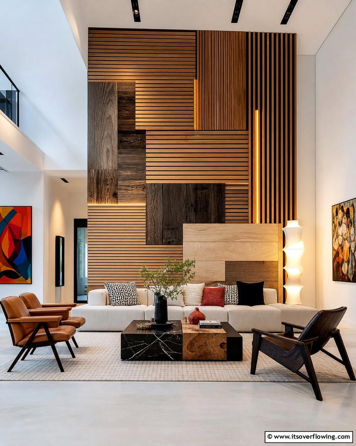 Asymmetrical Wood Artistry - 21 Wood Slat Accent Wall Ideas to Elevate Your Interior Design