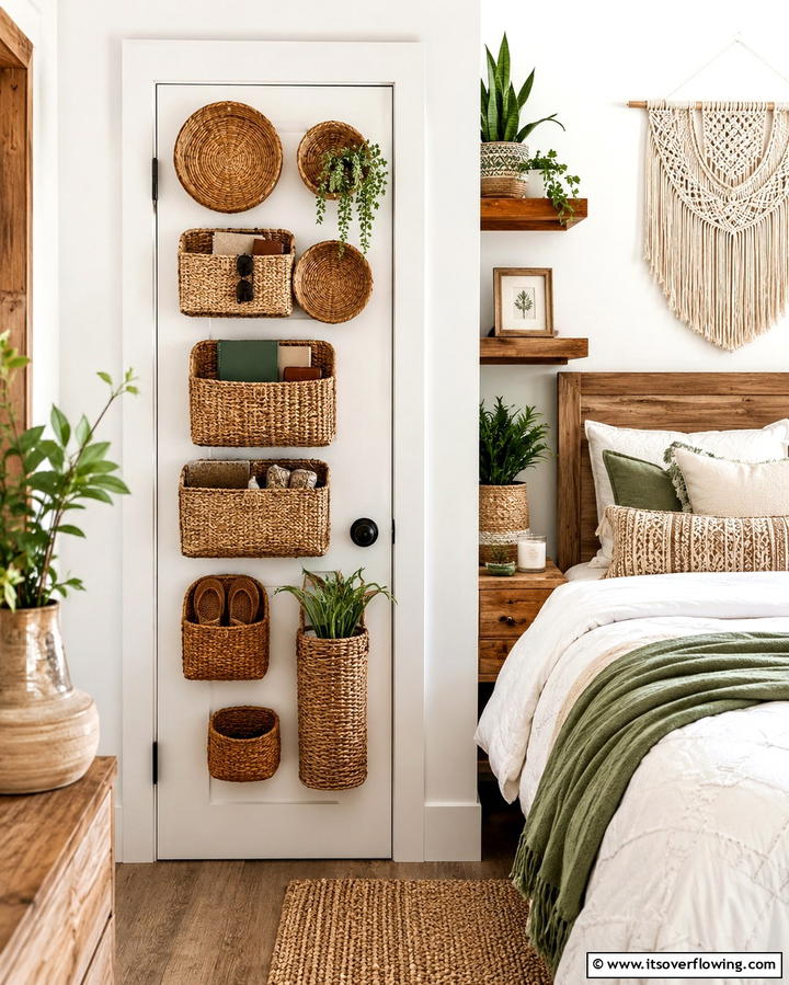 Attach Woven Baskets for Storage - 25 Creative Bedroom Door Decorating Ideas for Style