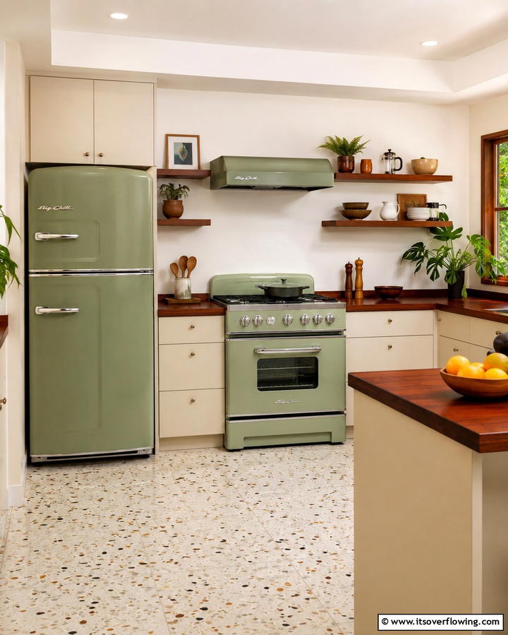Avocado Green Appliances with Wooden Countertops - 25 Warm Green and Brown Kitchen Design Ideas