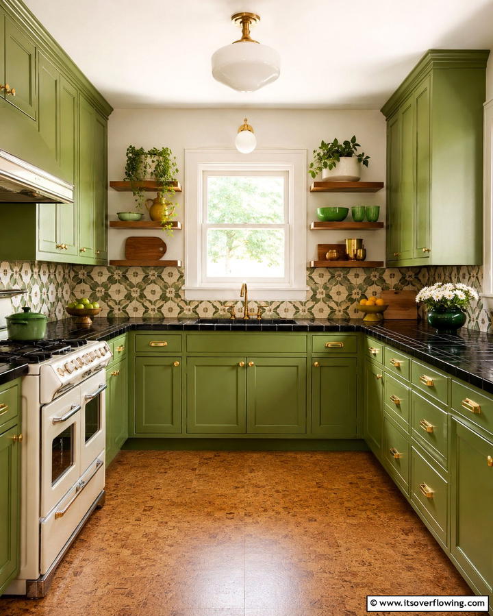 Avocado Green Cabinets with Black Tile Countertops - 30 Green Kitchen Cabinets & Black Countertops Pairing Ideas