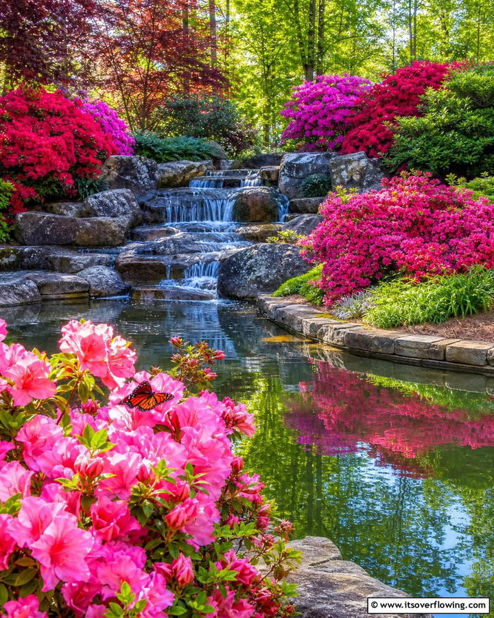 Azalea and Water Feature Pairing - 20 Azalea Garden Ideas for a Colorful Landscape