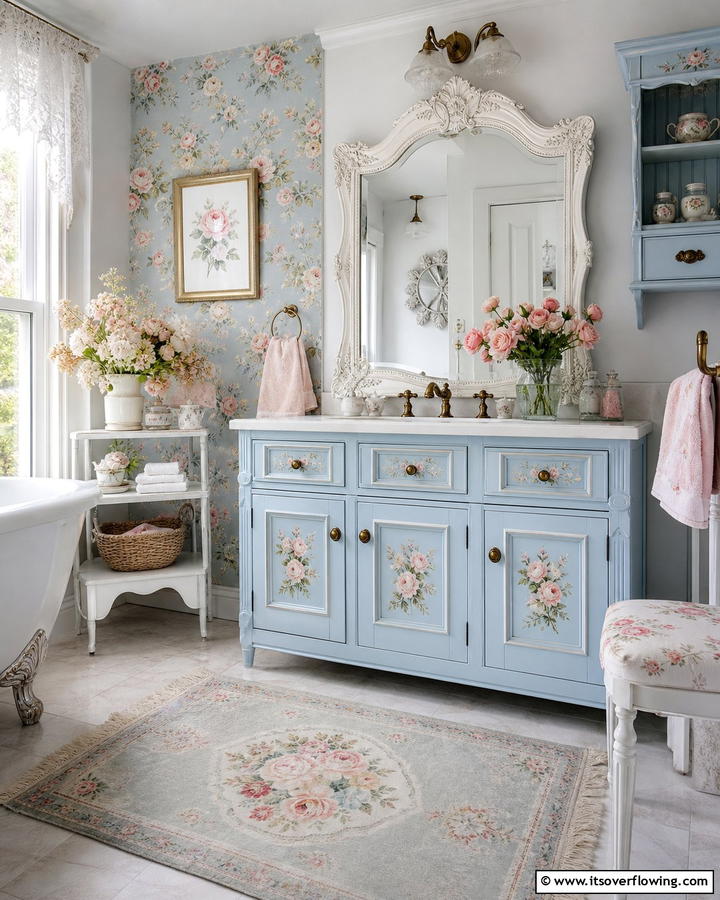 Baby Blue Vanity with Floral Details - 25 Stunning Blue Bathroom Vanity Ideas