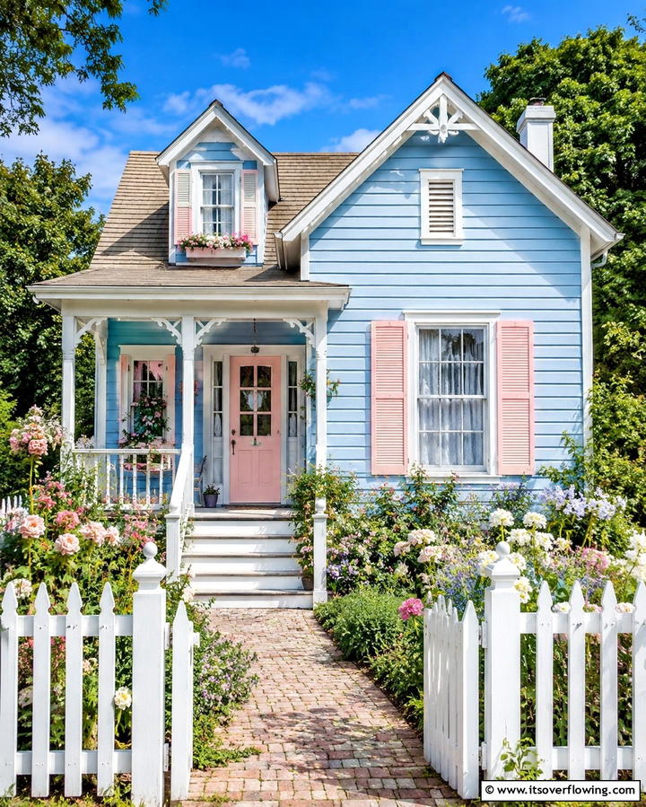 Baby Blue with White and Pastel Pink Accents - 30 Serene Blue Exterior House Paint Ideas for Curb Appeal