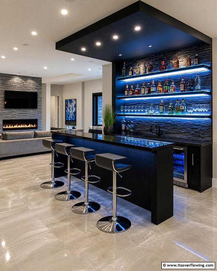 Backlit Bar Display - 30 Budget-Friendly Home Bar Ideas for Entertaining