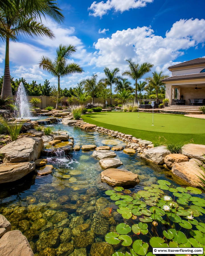 Backyard Greens with Water Features - 25 Backyard Putting Green Ideas for Golf Enthusiasts