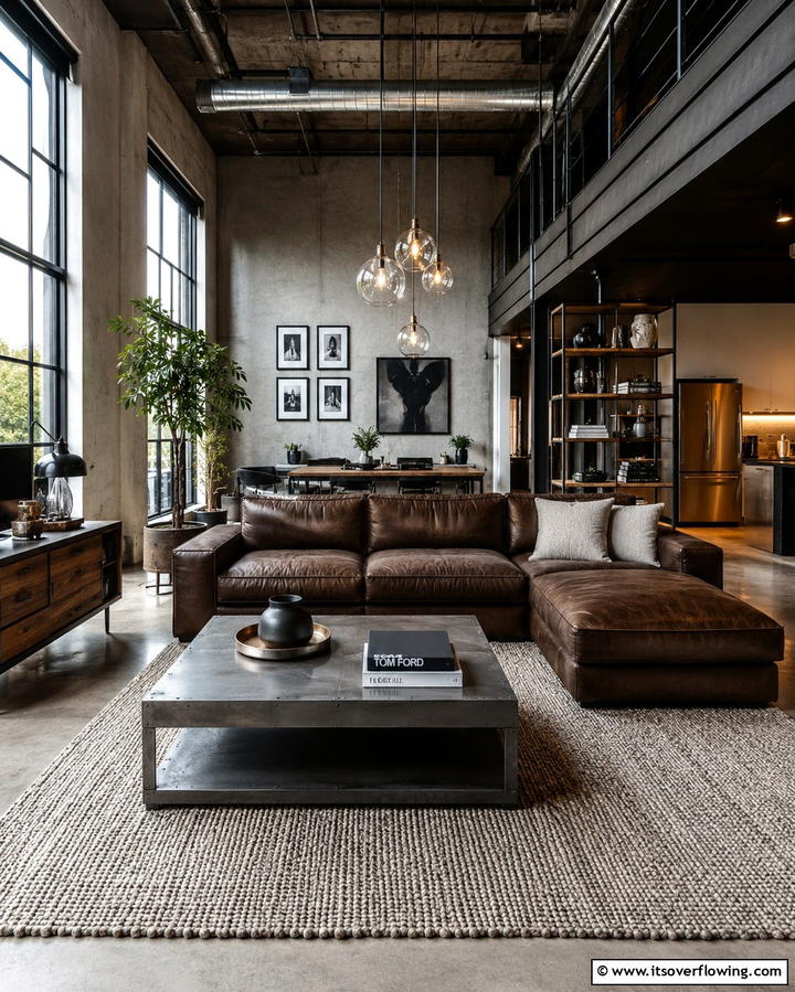 Balanced Contrast with Mixed Materials - 30 Warm Dark Brown Couch Styling Ideas for Cozy Living Rooms