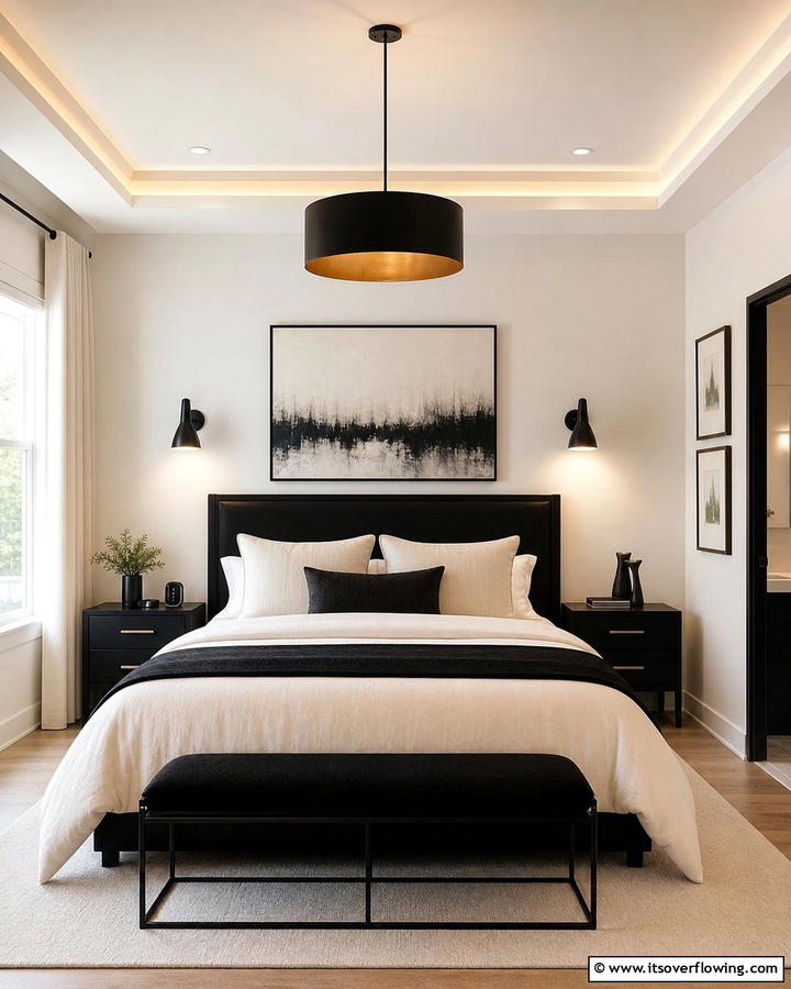 Balanced Lighting for Ambiance - 21 Cream & Black Bedroom Ideas- Sophisticated Contrast
