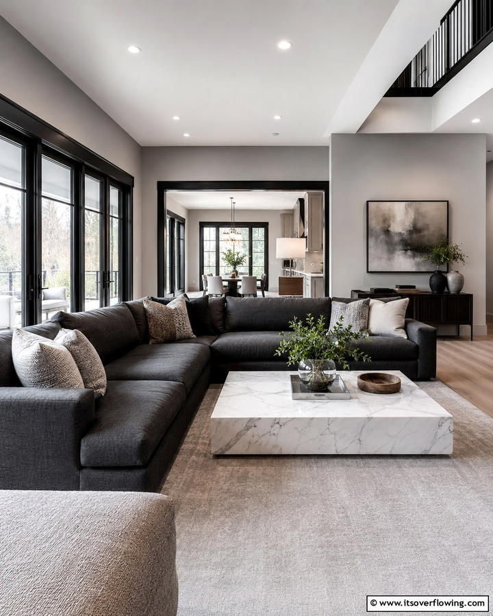 Balanced Modern Retreat - 30 Living Room Grey Walls & Black Trim- Bold Contrast Ideas
