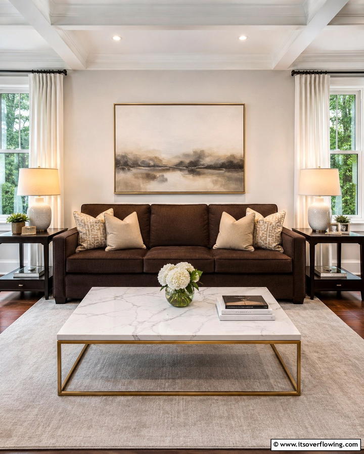 Balanced Symmetry in Arrangement - 30 Warm Dark Brown Couch Styling Ideas for Cozy Living Rooms