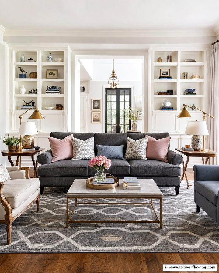Balanced Transitional Style - 21 Dark Grey Couch Living Room Styling Ideas