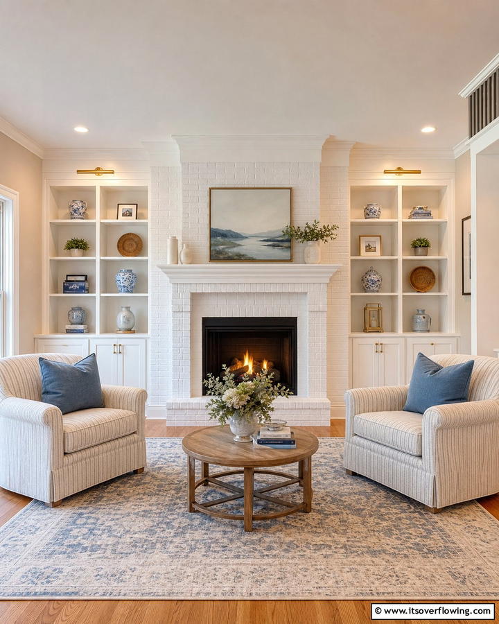 Balanced White Brick Harmony - 30 White Brick Fireplace Ideas for Timeless Living Rooms