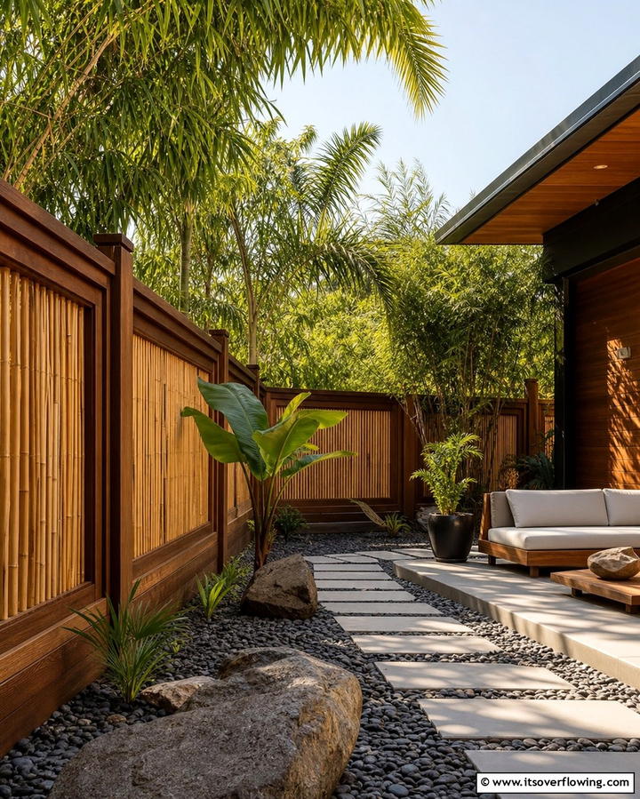 Bamboo Accented Wood Fence - 25 Wood Fence Ideas to Enhance Your Outdoor Space