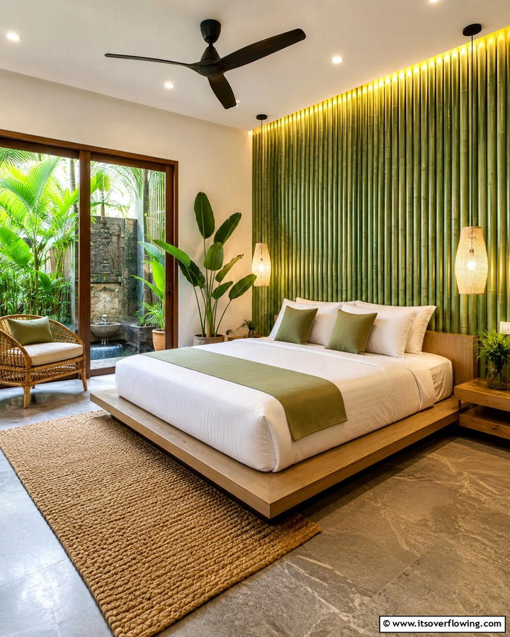 Bamboo Panelling Accent - 30 Green Panelling Ideas for a Serene Bedroom