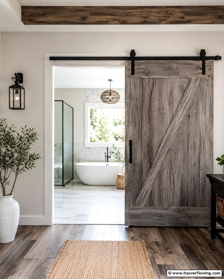 Barn Door Entry - 25 Rustic Bathroom Ideas for a Cozy Feel