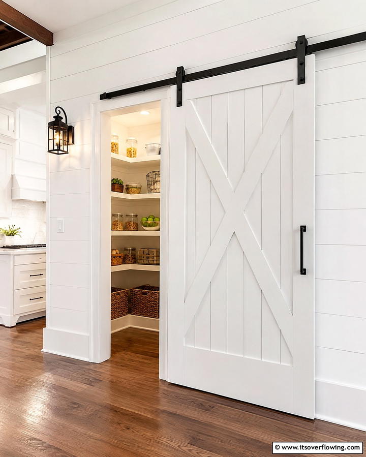 Barn Door Pantry Entrance - 30 Charming White Farmhouse Kitchen Inspirations