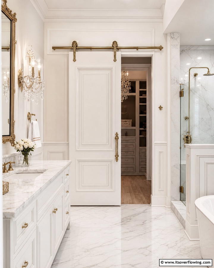 Barn Door with Decorative Molding - 20 Bathroom Barn Door Ideas for Space Saving