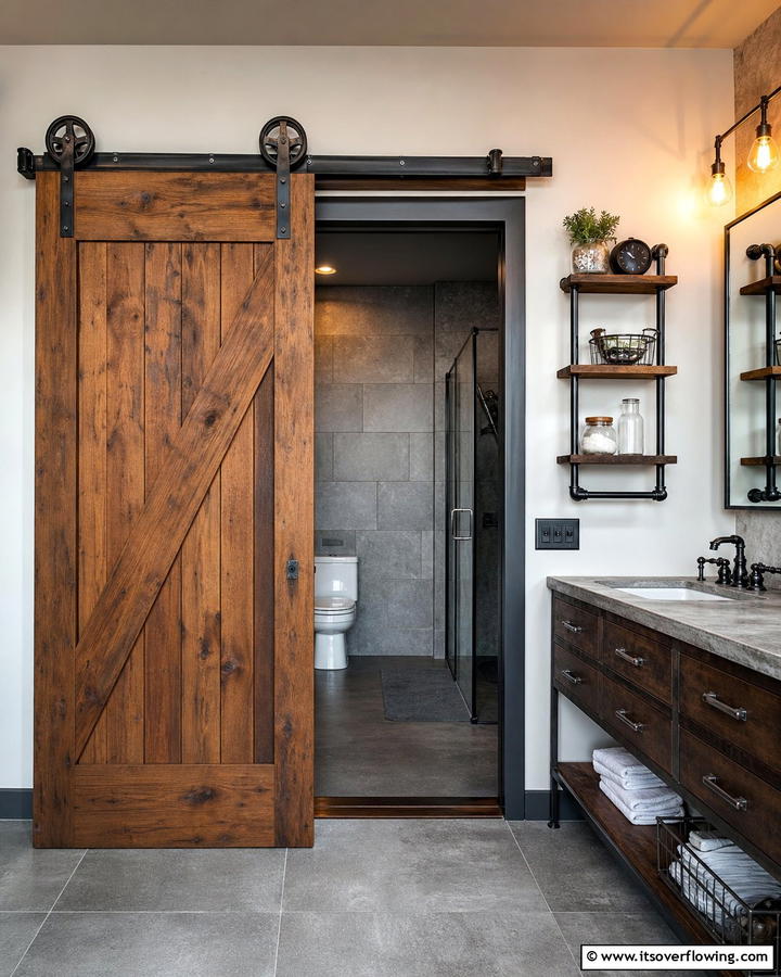 Barn Door with Industrial Hardware - 20 Bathroom Barn Door Ideas for Space Saving