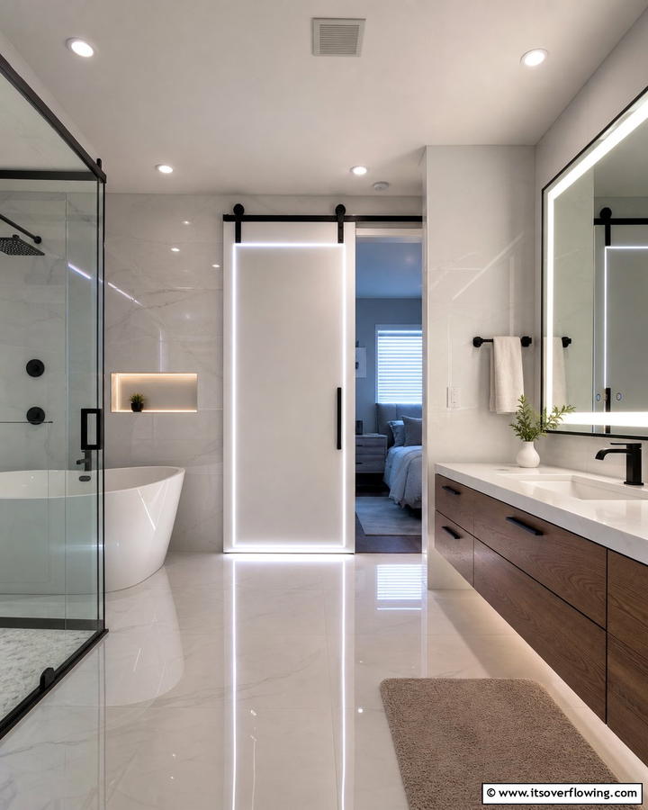Barn Door with LED Lighting - 20 Bathroom Barn Door Ideas for Space Saving