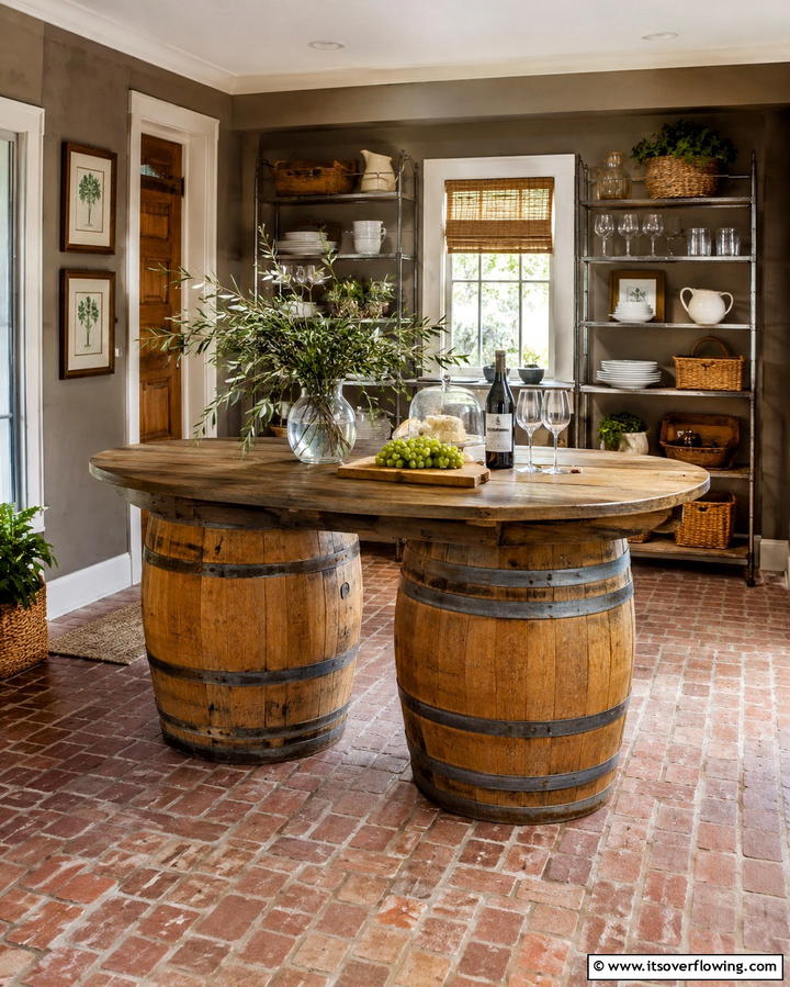 Barrel Base Island - 25 Rustic Kitchen Island Ideas for a Cozy Cooking Space