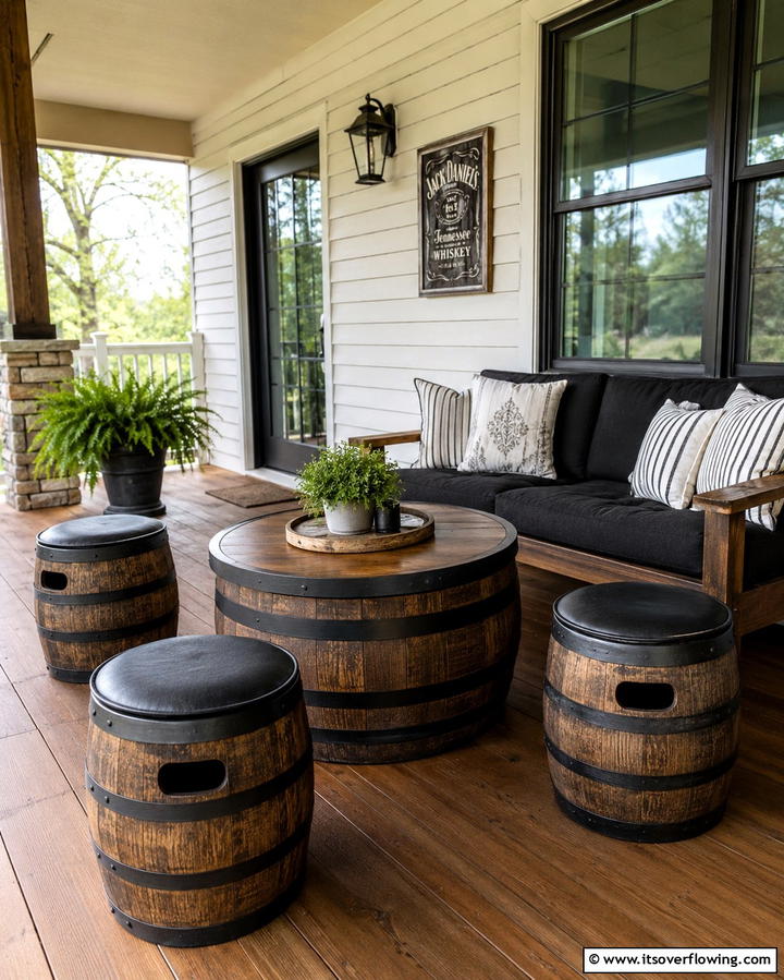 Barrel Based Furniture - 25 Rustic Porch Ideas to Create a Cozy Outdoor Retreat