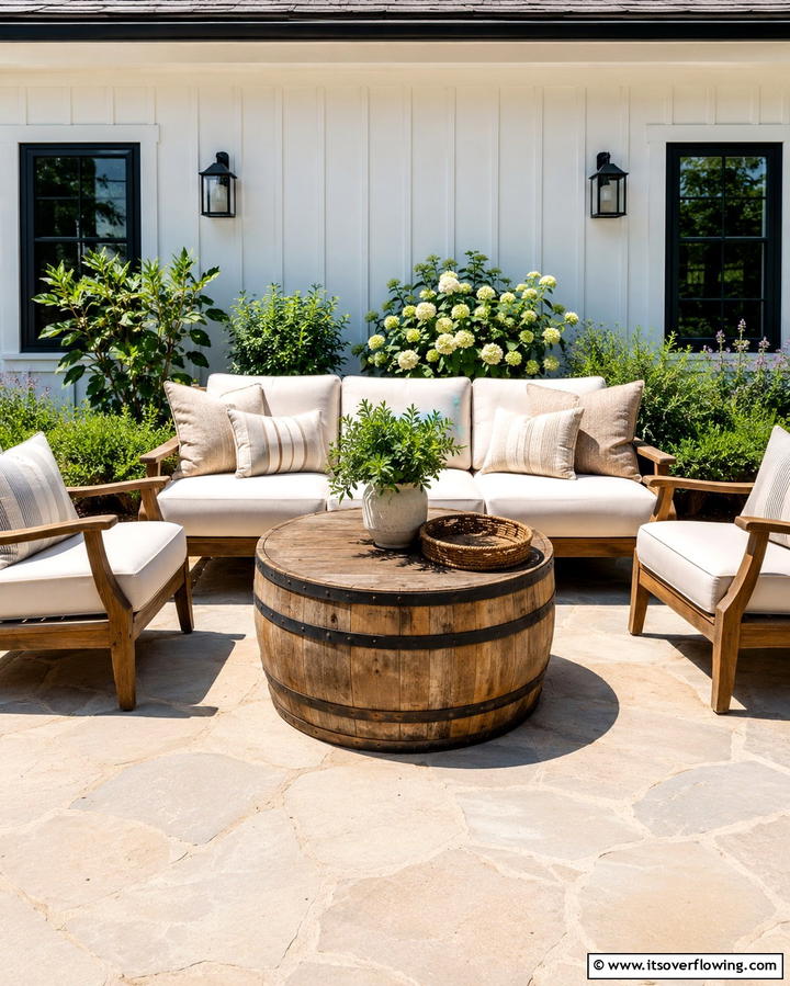 Barrel Coffee Table - 30 Farmhouse Patio Ideas for Rustic Outdoor Relaxation