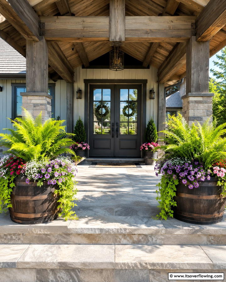 Barrel Planters - 25 Rustic Porch Ideas to Create a Cozy Outdoor Retreat