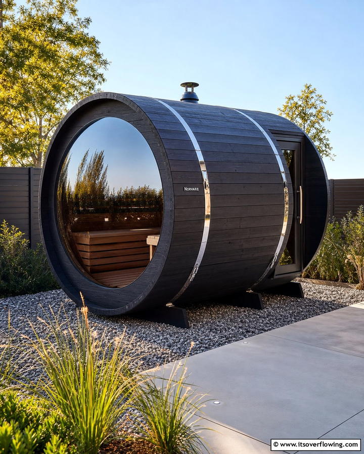 Barrel Sauna with a Modern Twist - 25 Outdoor Sauna Ideas for Relaxing Backyard Retreats