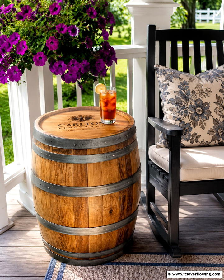 Barrel Side Tables - 25 Farmhouse Porch Ideas for a Cozy Outdoor Retreat