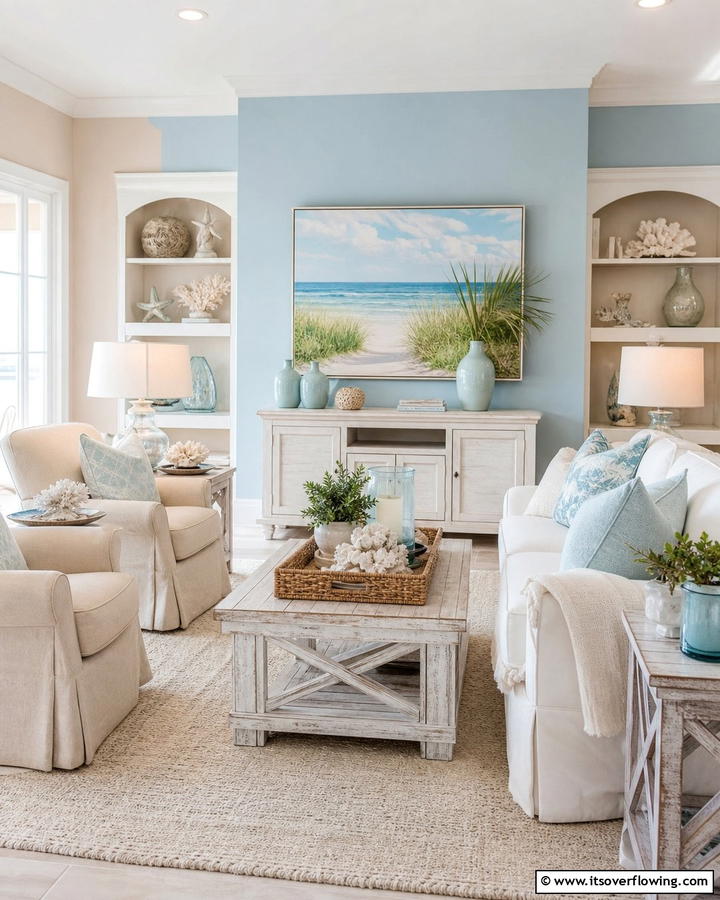 Beach Inspired Palettes - 21 Coastal Living Room Ideas with Nautical Accents