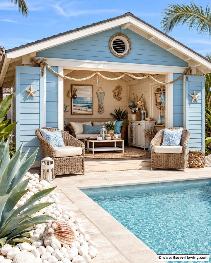 Beach Inspired Theme - 20 Pool Shed Ideas to Enhance Your Backyard Oasis