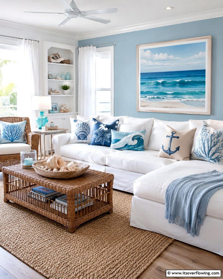 Beach Themed Throw Pillows - 25 Beach House Living Room Ideas for a Coastal Vibe