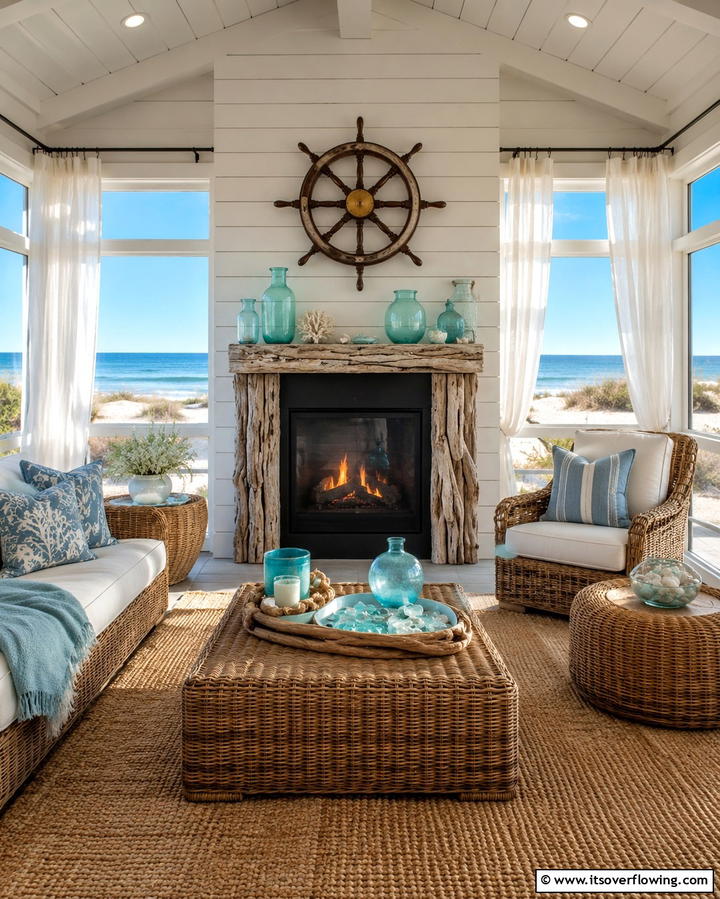 Beachside Sunroom with Nautical Fireplace Accent - 30 Sunroom With Fireplace Ideas for Year-Round Comfort