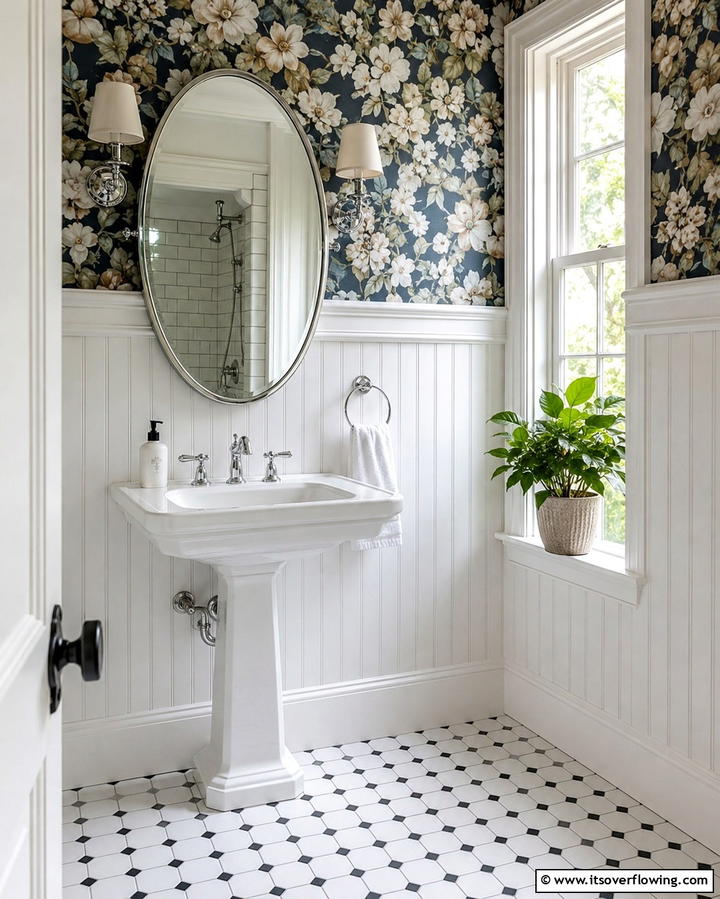 Beadboard with Wallpaper Combination - 25 Charming Beadboard Bathroom Ideas for a Classic Look