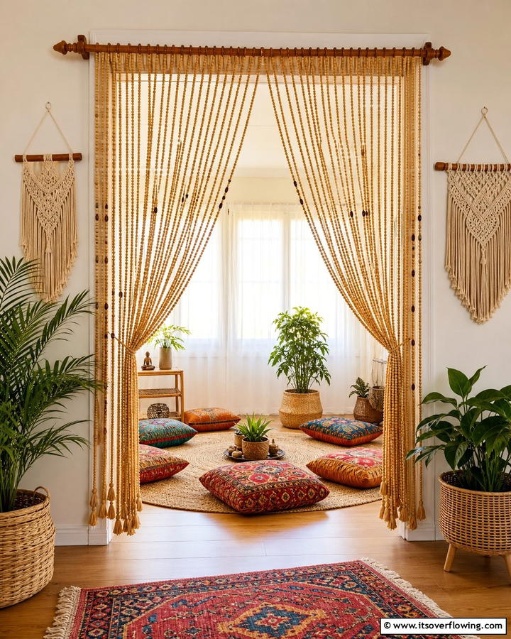 Beaded Curtains for Bohemian Charm - 20 Boho Meditation Room Ideas- Tranquil Retreats