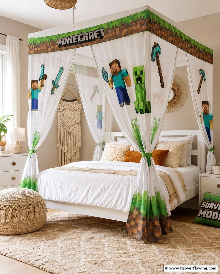 Bed Canopy with Minecraft Skins - 30 Minecraft Bedroom Ideas for Block-Inspired Fun