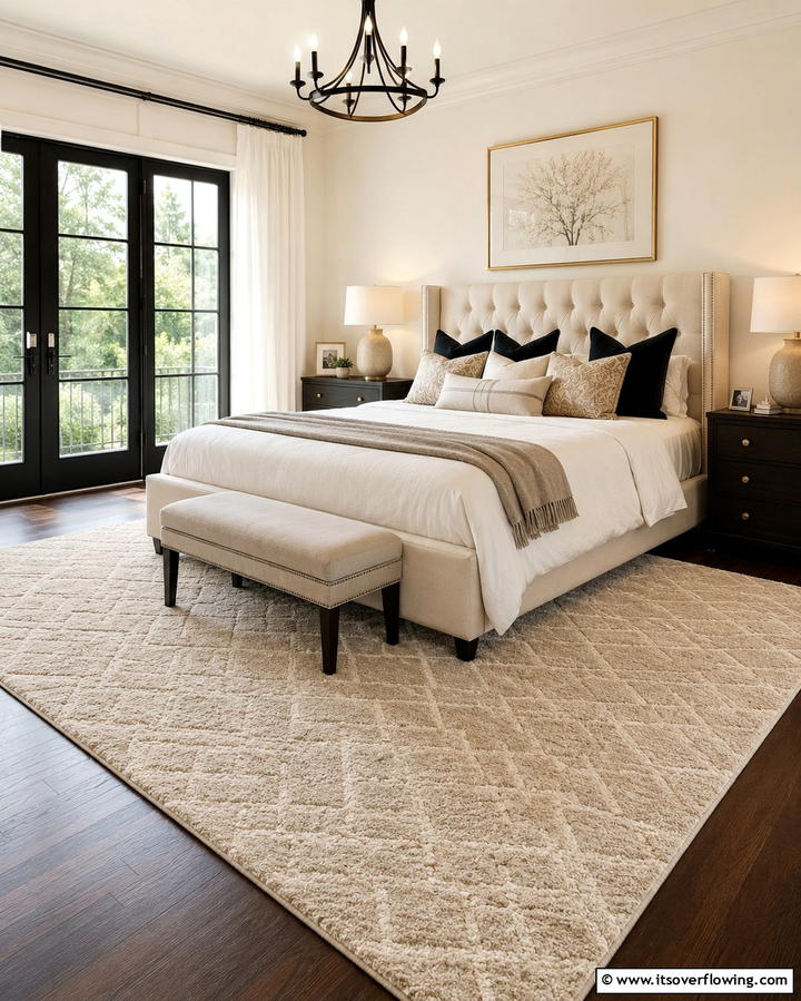 Beige Area Rug on Dark Flooring - 25 Elegant Black and Beige Bedroom Design Ideas
