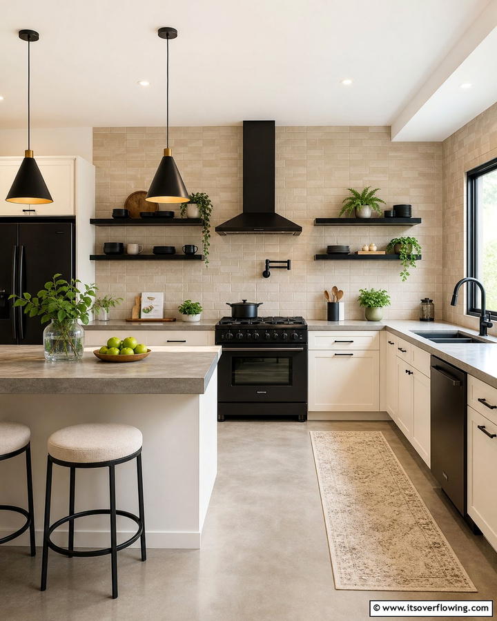 Beige Backsplash with Black Accents - 20 Black and Beige Kitchen Ideas for a Timeless Look