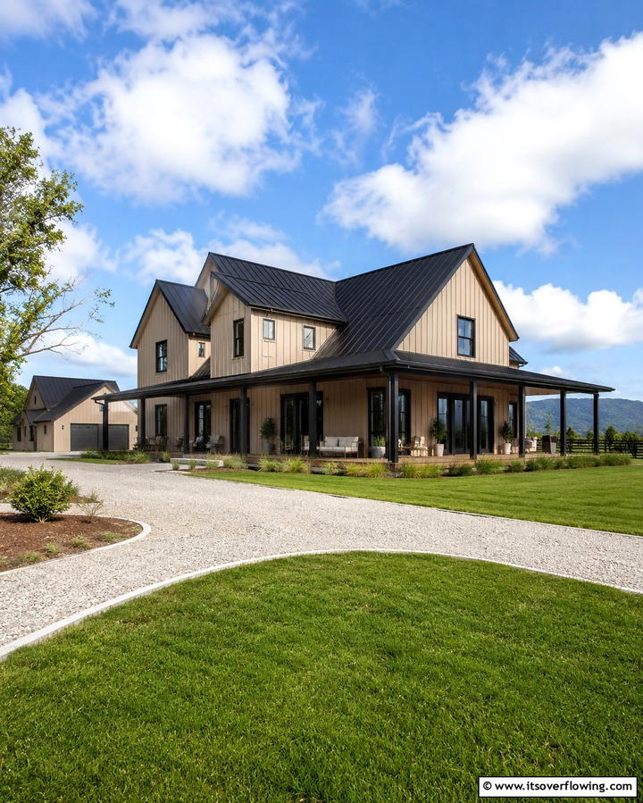 Beige Board and Batten with Black Roof - 30 Beige & Black House Exterior Design Ideas & Inspiration
