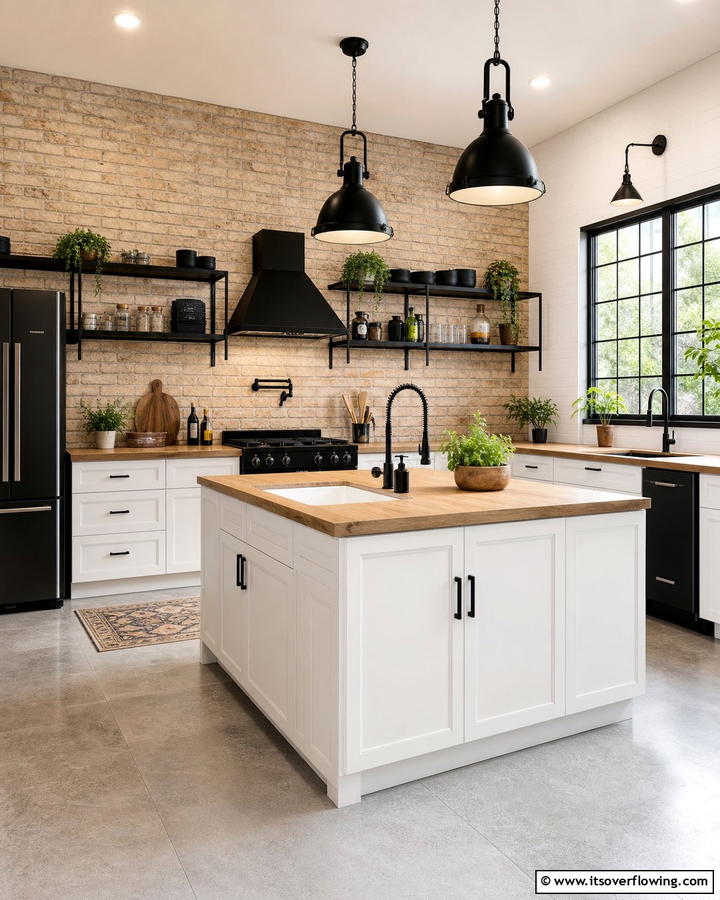 Beige Brick Walls with Black Fixtures - 20 Black and Beige Kitchen Ideas for a Timeless Look