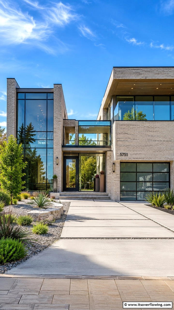Beige Brick and Glass Facade - 30 Beige Brick Exterior Home Ideas for Warm Curb Appeal