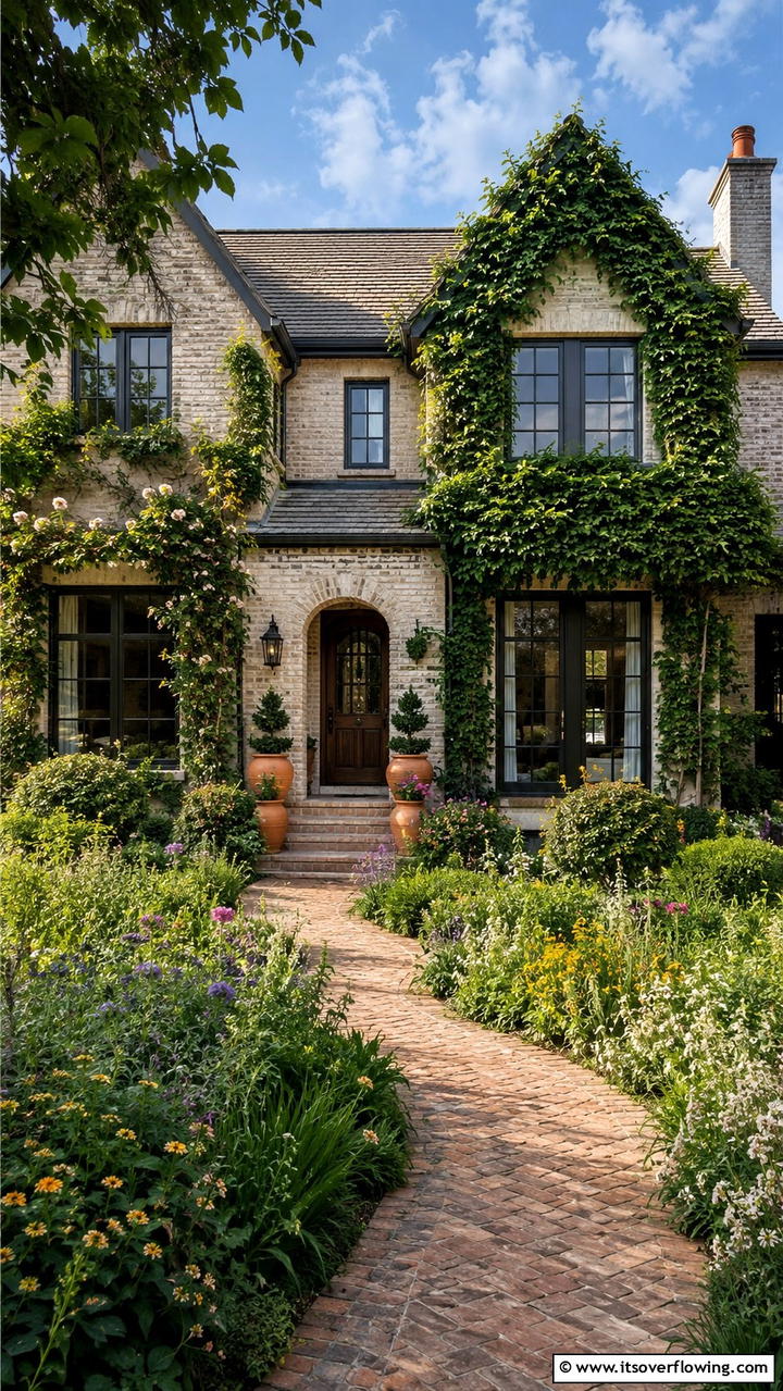 Beige Brick and Greenery Integration - 30 Beige Brick Exterior Home Ideas for Warm Curb Appeal