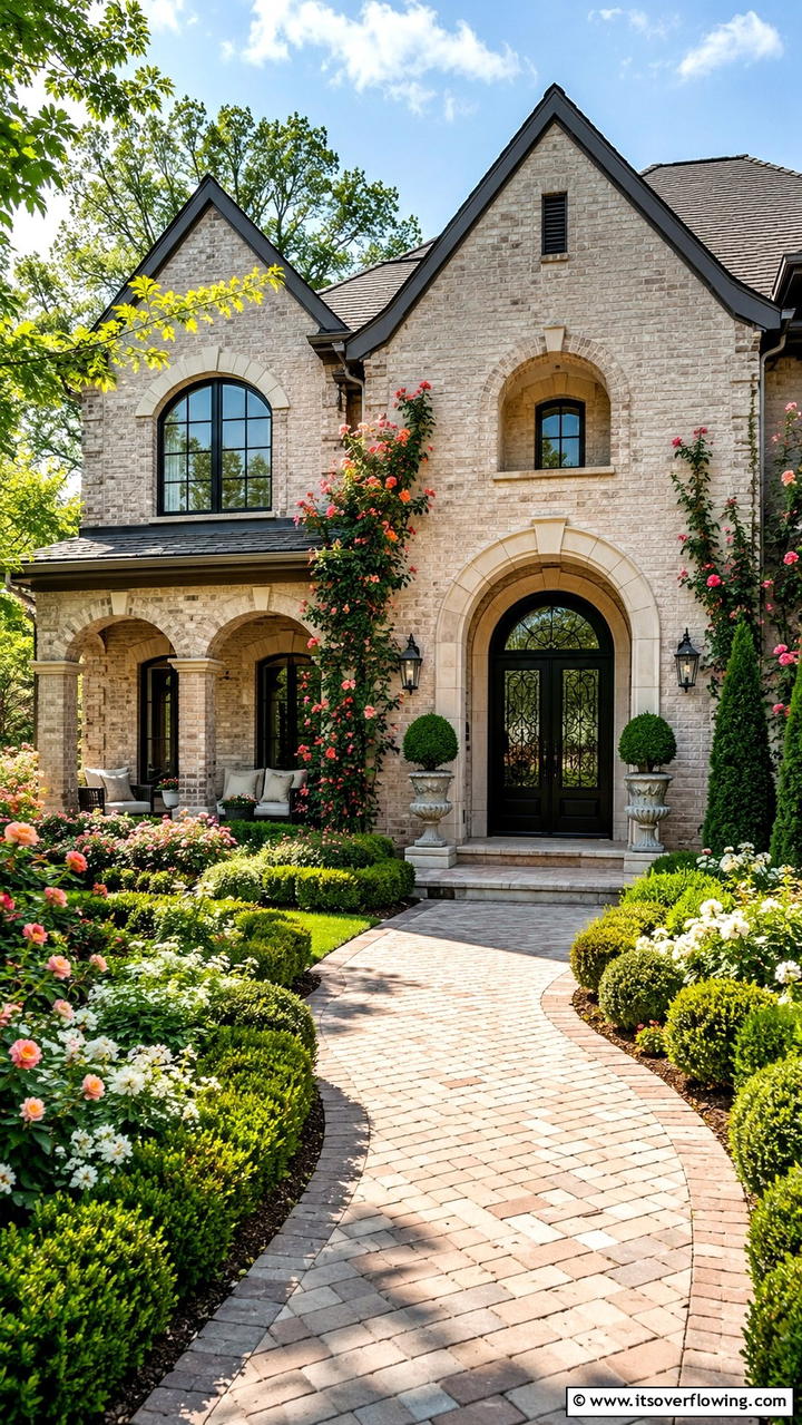 Beige Brick with Arched Doorways - 30 Beige Brick Exterior Home Ideas for Warm Curb Appeal