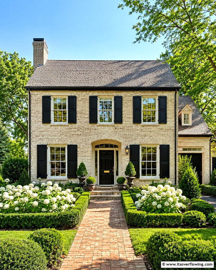 Beige Brick with Black Shutters - 30 Beige & Black House Exterior Design Ideas & Inspiration